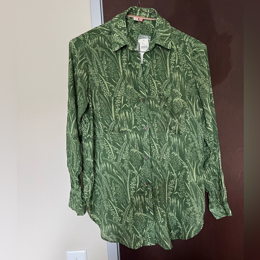 NWT Anthropologie Pilcro Collared Split Neck Button Down Green Blouse Size XS